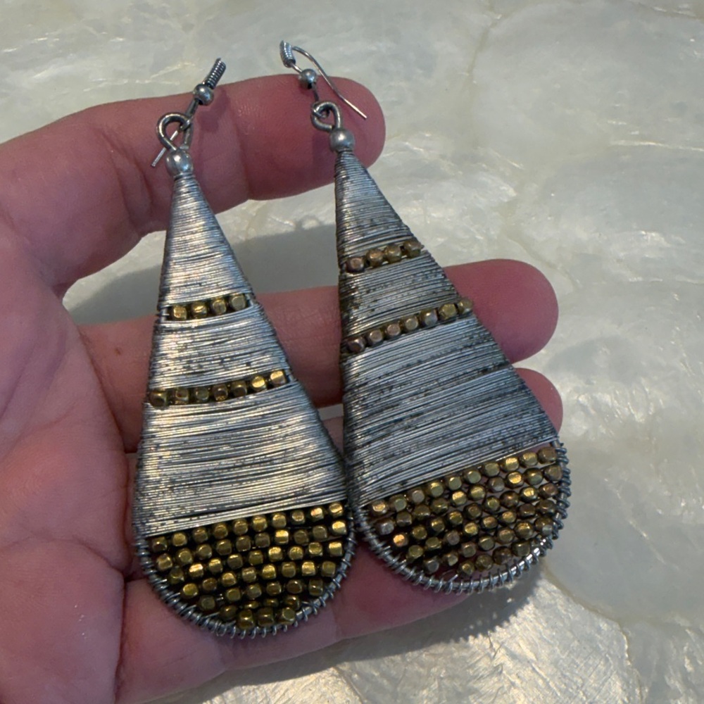 Artisan Silver and Gold Wire Wrapped Teardrop Dangle Earrings Mixed Metal MCM